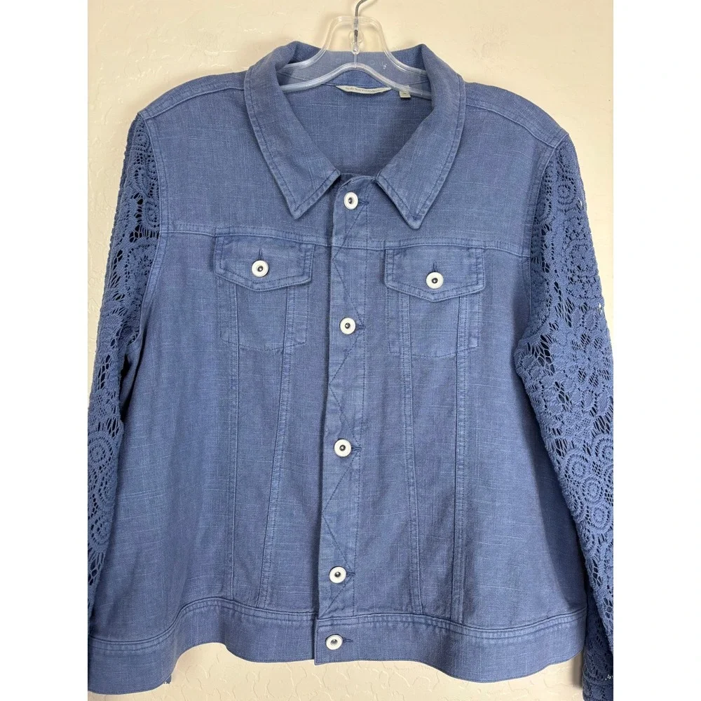 Soft Surroundings Blue Linen Lace Sleeve Jacket Womens L 2325